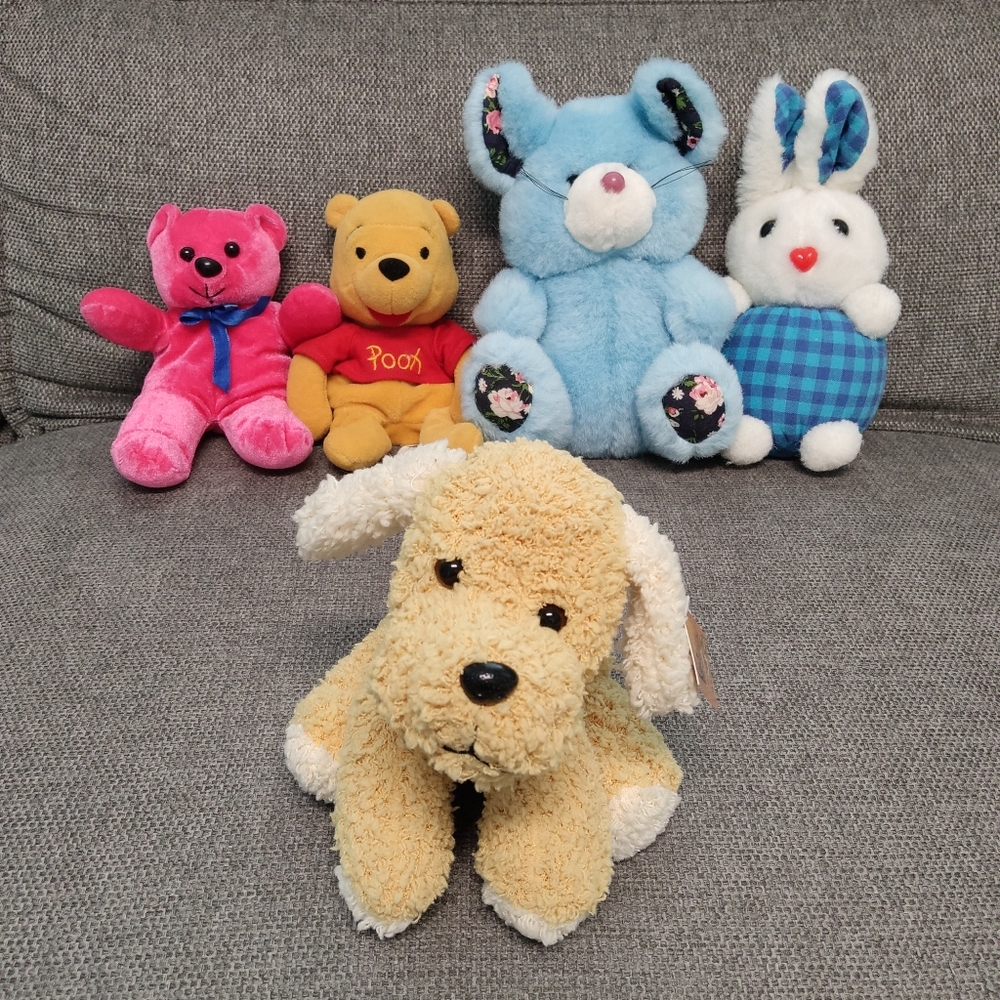 Stuffed Animals Bundle Plush Toy - Lot Of 5 Winnie The Pooh, Dog, Bear, Bunny